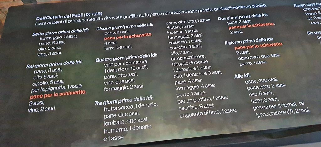 IX.7.25 Pompeii. March 2024.
Scheda informativa con i dettagli del graffito dell’atrio, esposto nella mostra dal titolo -
“L’altra Pompei, vite comuni all’ombra del Vesuvio”. Photo courtesy of Giuseppe Ciaramella.