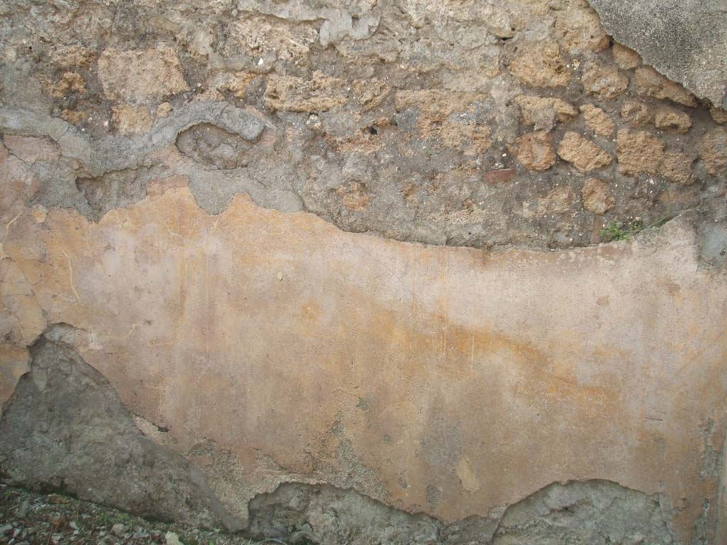IX.7.25 Pompeii. May 2005. Room “q”, room in south-east corner of atrium, with remains of plaster decoration on south wall.
The zoccolo, shown here, and as was seen in the rest of the house, was higher than usual.
It was divided into panels by red and white bands and contained small paintings of animals and trophy vases.
On the wall above the zoccolo, the plaster was rough.
