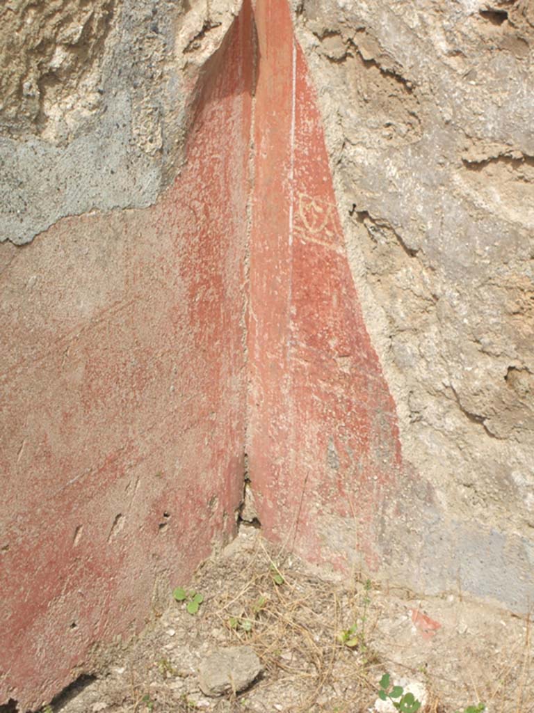 IX.7.25 Pompeii. May 2005.
Remains of painted decoration on red background with “carpet design” from north-west corner of atrium “2”.