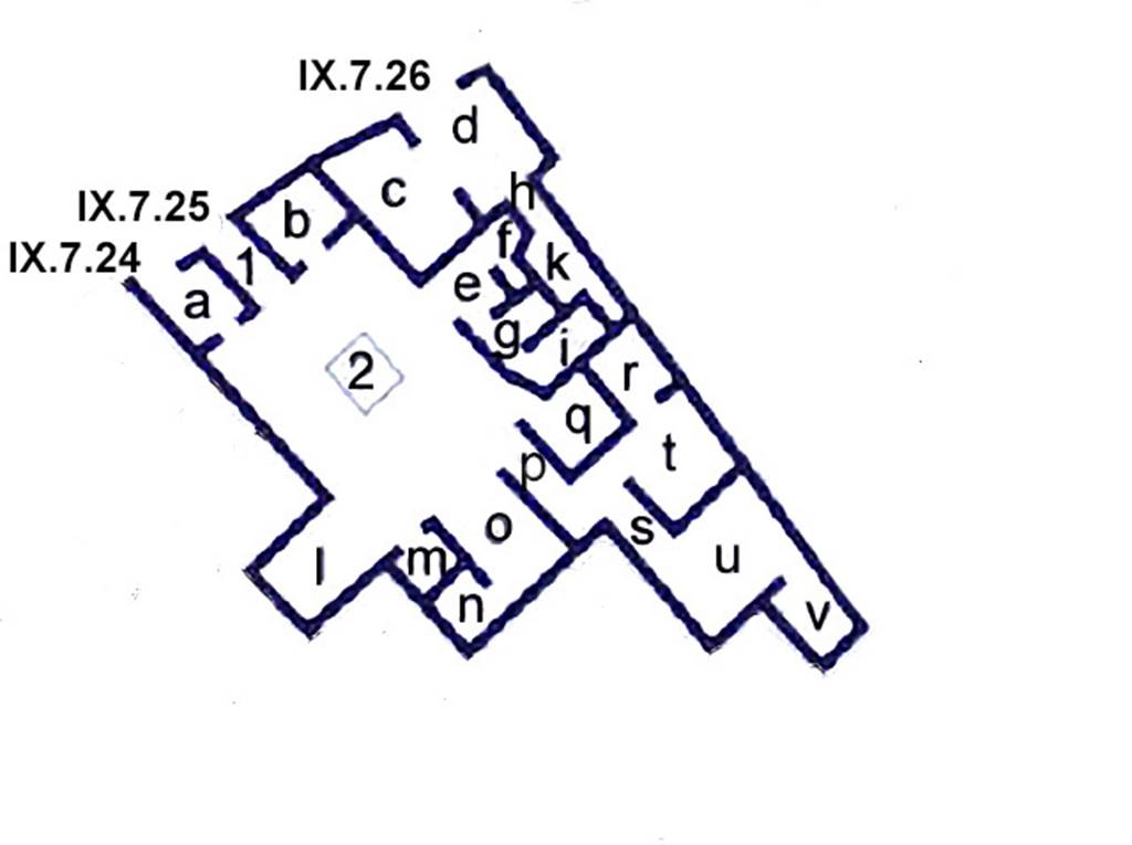 IX.7.26 Pompeii. Combined plan of IX.7.26, IX.7.25 and IX.7.24. Based on plan in PPM.
See Carratelli, G. P., 1990-2003. Pompei: Pitture e Mosaici. Roma: Istituto della enciclopedia italiana, Vol. IX, p. 870.