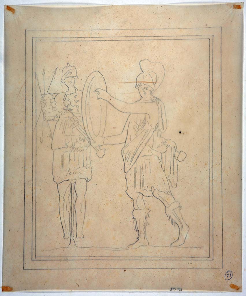 IX.8.6 Pompeii. Drawing by Geremia Discanno, of painting seen in centre of south wall of room to the left of the atrium. 
The drawing depicts an armed warrior, with helmet and sword over his shoulder, who approaches with a round shield to a trophy. 
The painting has now faded and disappeared.
Now in Naples Archaeological Museum. Inventory number ADS 1102.
Photo � ICCD. http://www.catalogo.beniculturali.it
Utilizzabili alle condizioni della licenza Attribuzione - Non commerciale - Condividi allo stesso modo 2.5 Italia (CC BY-NC-SA 2.5 IT)
