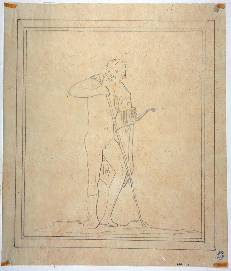 IX.8.6 Pompeii. Drawing by Geremia Discanno, of a wall painting of the injured Philoctetes found on south wall of the left ala.
The original painting was detached and taken to Naples Archaeological Museum. Inventory number 120032.
Now in Naples Archaeological Museum. Inventory number ADS 1104.
Photo � ICCD. http://www.catalogo.beniculturali.it
Utilizzabili alle condizioni della licenza Attribuzione - Non commerciale - Condividi allo stesso modo 2.5 Italia (CC BY-NC-SA 2.5 IT)
