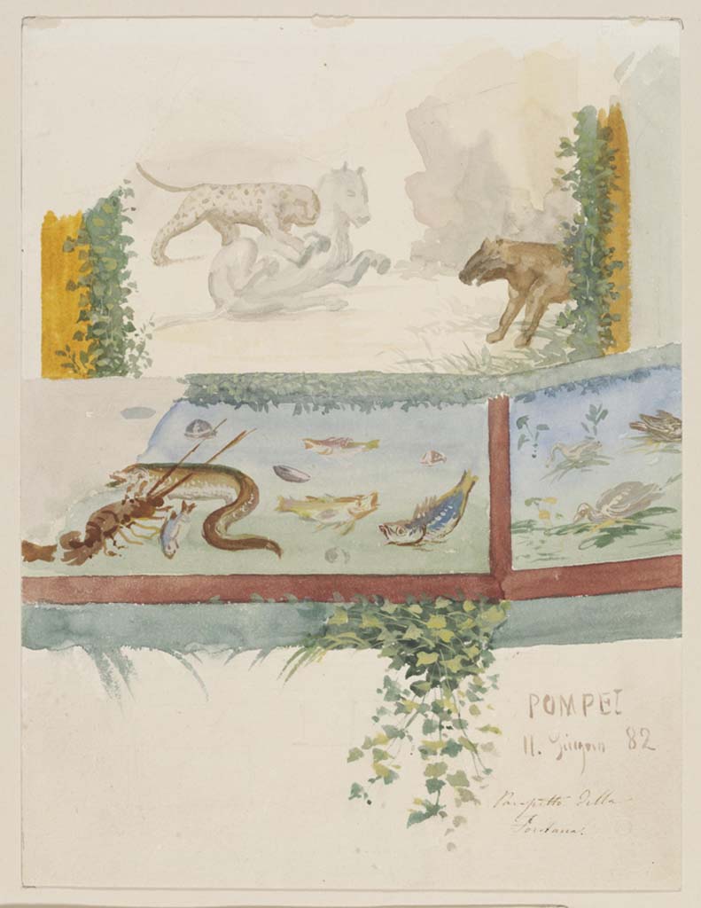 IX.8.6 Pompeii. 11th June 1882. Watercolour by Luigi Bazzani, showing details of painted walls in south-west corner.
Photo © Victoria and Albert Museum. Inventory number 1077-1886.
