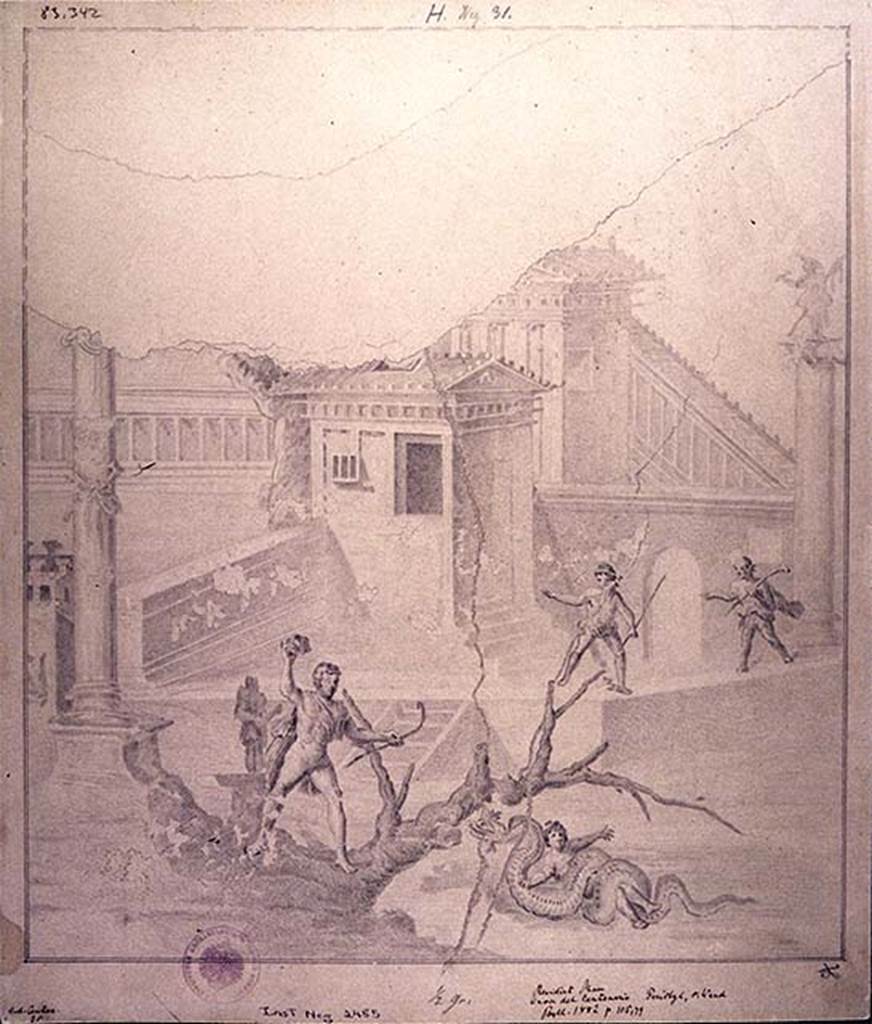 IX.8.6 Pompeii. Drawing of wall painting of the liberation of Hesione, from the west portico of the peristyle.
DAIR 83.342. Photo © Deutsches Archäologisches Institut, Abteilung Rom, Arkiv.
See http://arachne.uni-koeln.de/item/marbilderbestand/236086