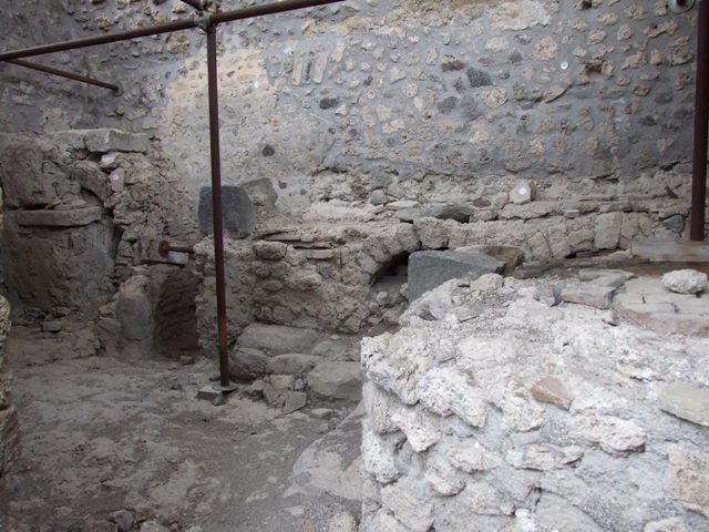 IX.8.6 Pompeii. March 2009. Room 27, floor of latrine. According to Hobson this latrine may have been a two-seater. See Hobson, B. 2009. Pompeii, Latrines and Down Pipes. Oxford, Hadrian Books, (p.530-1)