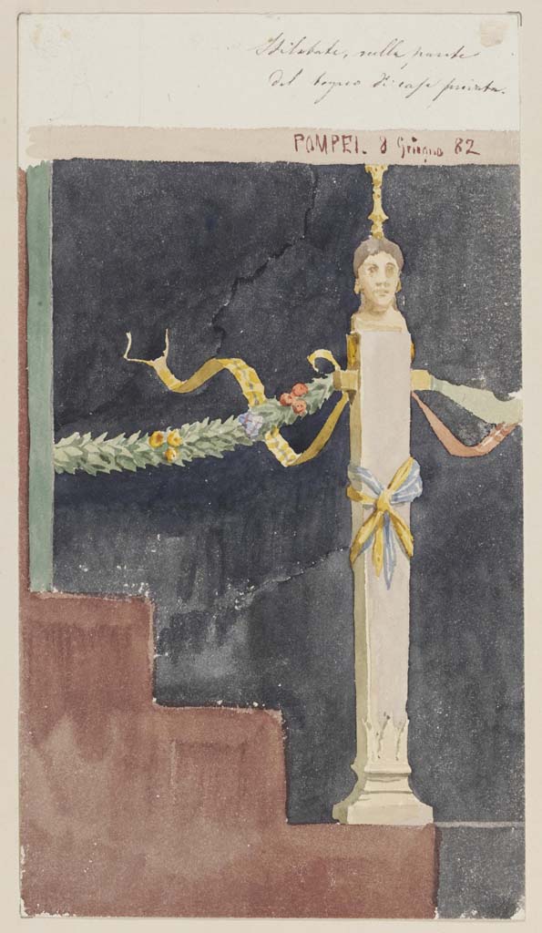 IX.8.6 Pompeii. 8th June 1882. Watercolour by Luigi Bazzani.
Room 31, frigidarium, both the east and west walls were seen painted with a high black zoccolo, decorated with bacchic herms, between which were suspended garlands of flowers and foliage. Today, nothing is legible and has been completely lost.
Photo � Victoria and Albert Museum. Inventory number 1076-1886.
(described as �1882. Stilobate sulla parete del bagno di casa privata. Pompei 8 Giugno 82�.
