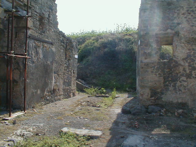 IX.8.b Pompeii. May 2005. Looking east along north wall of fauces.
According to Della Corte because of the graffito painted in the vestibule, it proved this was a hospitium and the owners name. Hospitium C. Hygini Firmi     [CIL IV 3779] See Della Corte, M., 1965.  Case ed Abitanti di Pompei. Napoli: Fausto Fiorentino. (p.165)

