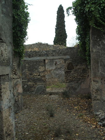 IX.9.11 Pompeii. March 2009. Room 1, north-east corner of atrium.  
Site of latrine and kitchen (walls now fallen).
