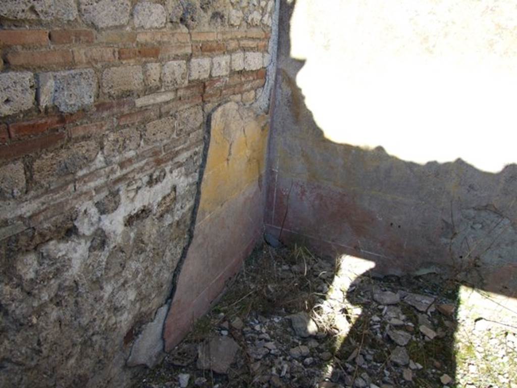IX.9.a Pompeii. March 2009. North-east corner of cubiculum �i�.  This bedroom was described as having flooring of crushed brick (mattone pesto) and with pieces of coloured marble of various forms and sizes added to it. The walls were plastered, with a yellow background in the middle part, with a white frieze and red plinth or dado. In the middle of the yellow panels were rather crudely painted doves. See Notizie degli Scavi, 1888, p.515.
