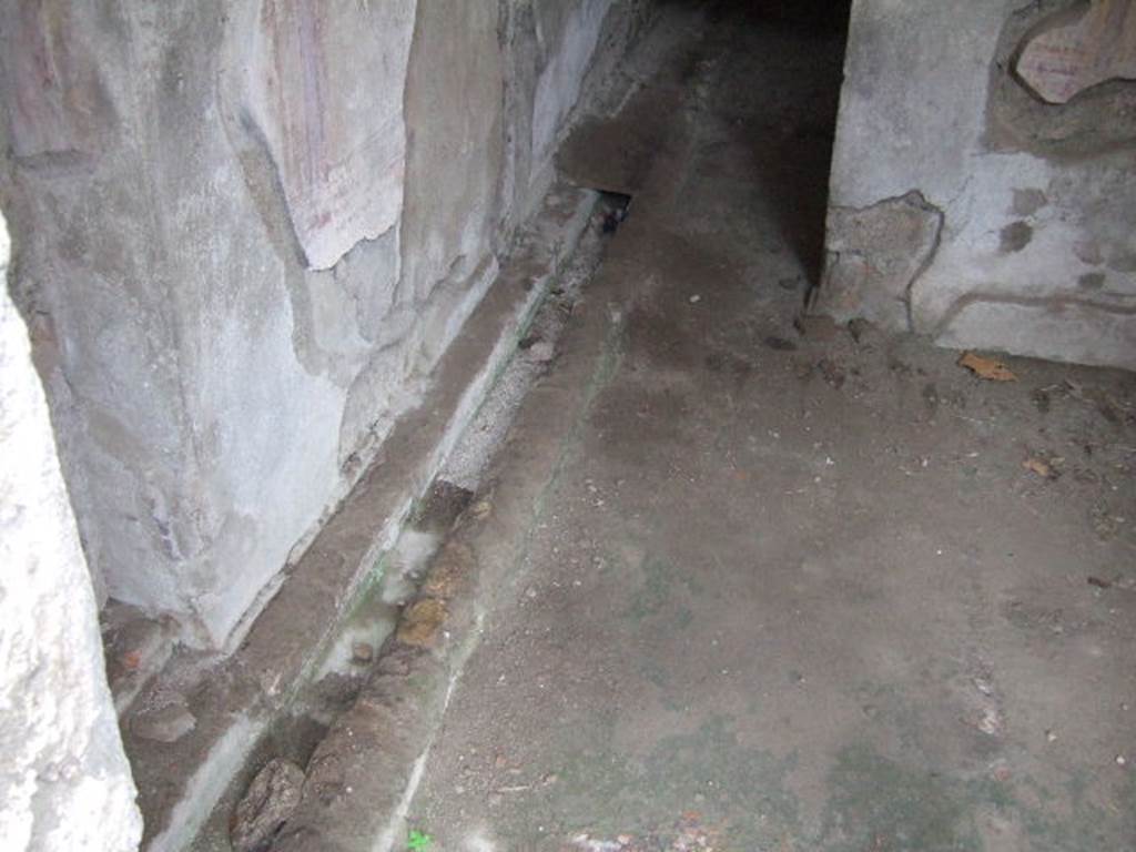IX.9.c Pompeii. December 2005. Drainage channel at base of south wall, in room in south-west corner of portico. According to NdS, this covered channel in the form of a step, ran along the base of the south wall of both rooms. This channel communicated with the central area of the peristyle.