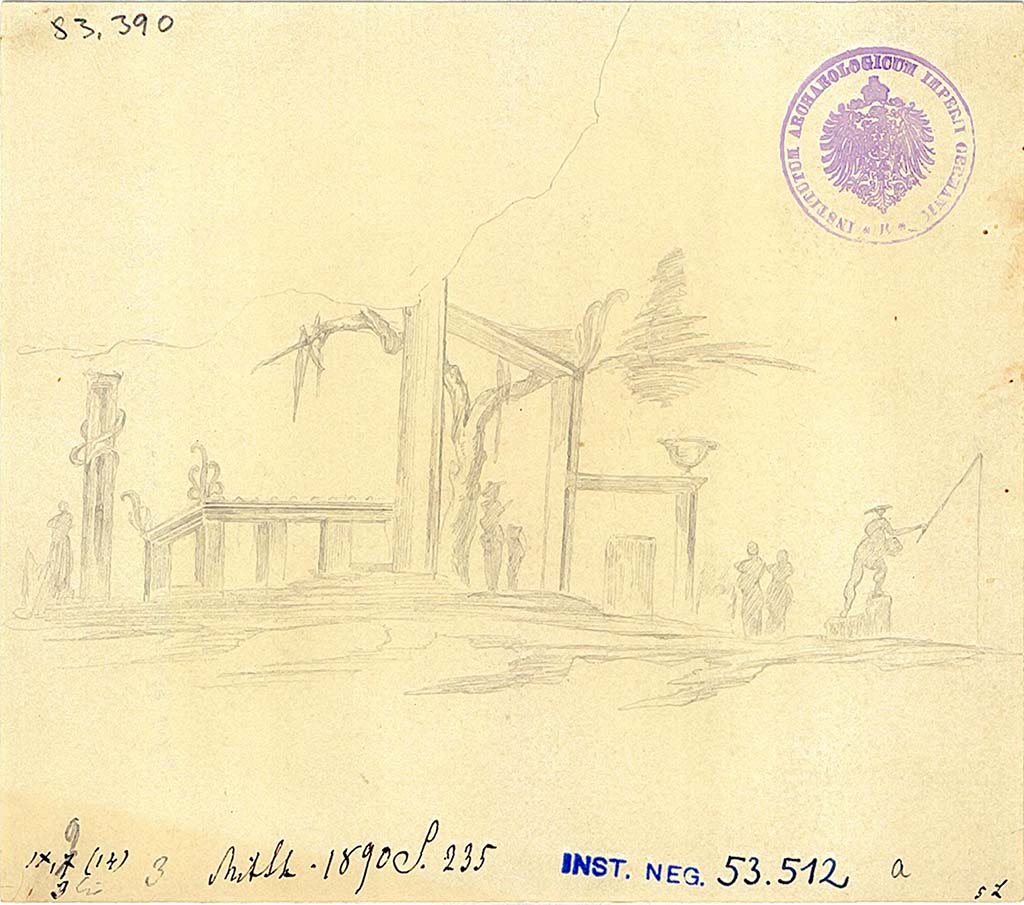 IX.9.d Pompeii. Room k. South wall. Drawing of sacred landscape painting of a large sacred portal leading into an enclosure with a palm tree.
DAIR 83.390. Photo � Deutsches Arch�ologisches Institut, Abteilung Rom, Arkiv. 
See Schefold, K., 1957. Die W�nde Pompejis. Berlin: De Gruyter, p. 283. 
See Carratelli, G. P., 1990-2003. Pompei: Pitture e Mosaici: Vol. X. Roma: Istituto della enciclopedia italiana, p. 81, no. 25.
