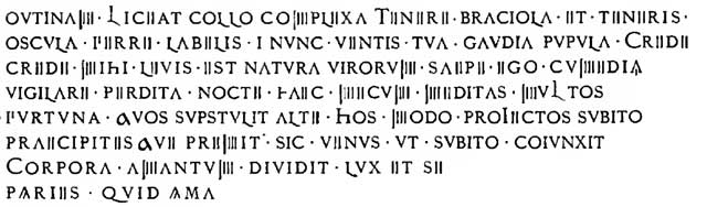 1888 transcription of graffito by Sogliano, recorded in NdS. He records this as being from the high grey zoccolo on the part from the right of those who enter. See Notizie degli Scavi di Antichit�, 1888, p.519.