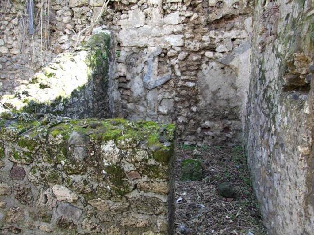 IX.9.g Pompeii. March 2009.   Looking south into doorway into cubiculum on south side of entrance atrium. On the left would be the east wall of the cubiculum, and straight ahead would be the south wall. The small hearth in the kitchen area would have been in the area behind the east wall, on the left. Boyce�s west wall would have been the other side of this �east wall�. According to Boyce, the hearth stood against the south wall of the atrium and on the west wall near it was the lararium painting.  Found in the cubiculum on the right of the entrance doorway was a small altar composed of a terracotta cylinder supporting a square plate of travertine.
See Boyce G. K., 1937. Corpus of the Lararia of Pompeii. Rome: MAAR 14. (p.94, no.469) 
According to Giacobello, on the south wall of kitchen (e) was a lararium painting (not conserved). Perhaps this does not apply to this house, as it is headed IX.9.7, (IX.9.g?)
See Giacobello, F., 2008. Larari Pompeiani: Iconografia e culto dei Lari in ambito domestico.  Milano: LED Edizioni. (p.216)
