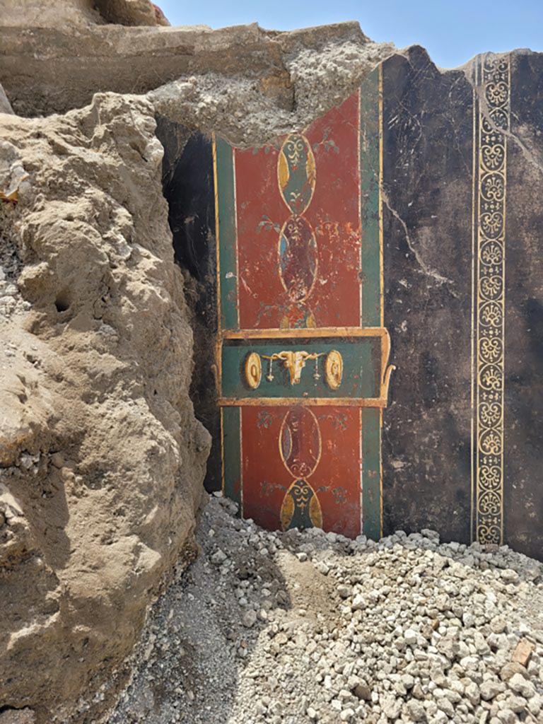 IX.10.1 Pompeii. June 2023. Atrium 2 west wall. Geometric decoration and garlanded ox skull to south of the still life.
IX.10.1 Pompeii. Giugno 2023. Atrio 2 parete ovest. Decorazione geometrica e bucranio inghirlandato a sud della natura morta.
Photograph © Parco Archeologico di Pompei.
