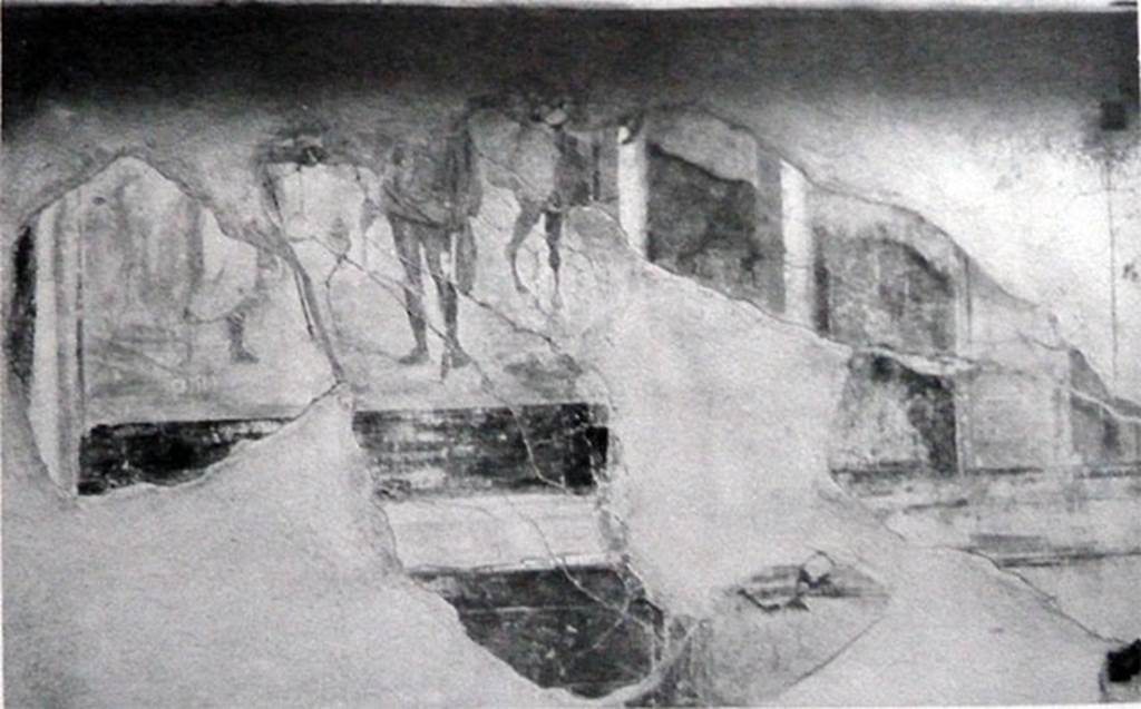 IX.12.2 Pompeii. Found on the north wall were the remains of the painting of Bellerophon and flying Pegasus receiving the letter of Proetus.
See Spinazzola V., 1953. Pompei alla luce degli Scavi Nuovi di Via dell’Abbondanza (anni 1910-1923). Roma: La Libreria della Stato, fig. 693.