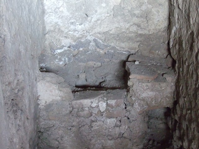IX.12.6 Pompeii. March 2009. Room 6, west wall of internal garden.
Lararium painting behind boarding, with two painted serpents below. Against the wall is the altar.