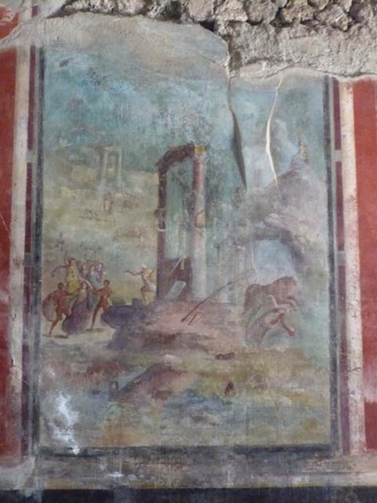 IX.13.1-3 Pompeii. May 2012.
Room 13, east wall, wall painting of Punishment of Dirce. Photo courtesy of Buzz Ferebee.
According to Kuivalainen –
“This is a description of the myth of Dirce, a dedicated worshipper of Dionysus.
The essential elements of the story appear in the wall painting:
the twins Amphion and Zethos punishing her, a marble statue of bearded Bacchus, and the pond created by the god, into which her corpse was thrown. The composition is a varied combination of mythological and pastoral motifs, with both active and passive elements.”
See Kuivalainen, I., 2021. The Portrayal of Pompeian Bacchus. Commentationes Humanarum Litterarum 140. Helsinki: Finnish Society of Sciences and Letters, p. 86-7, A10.