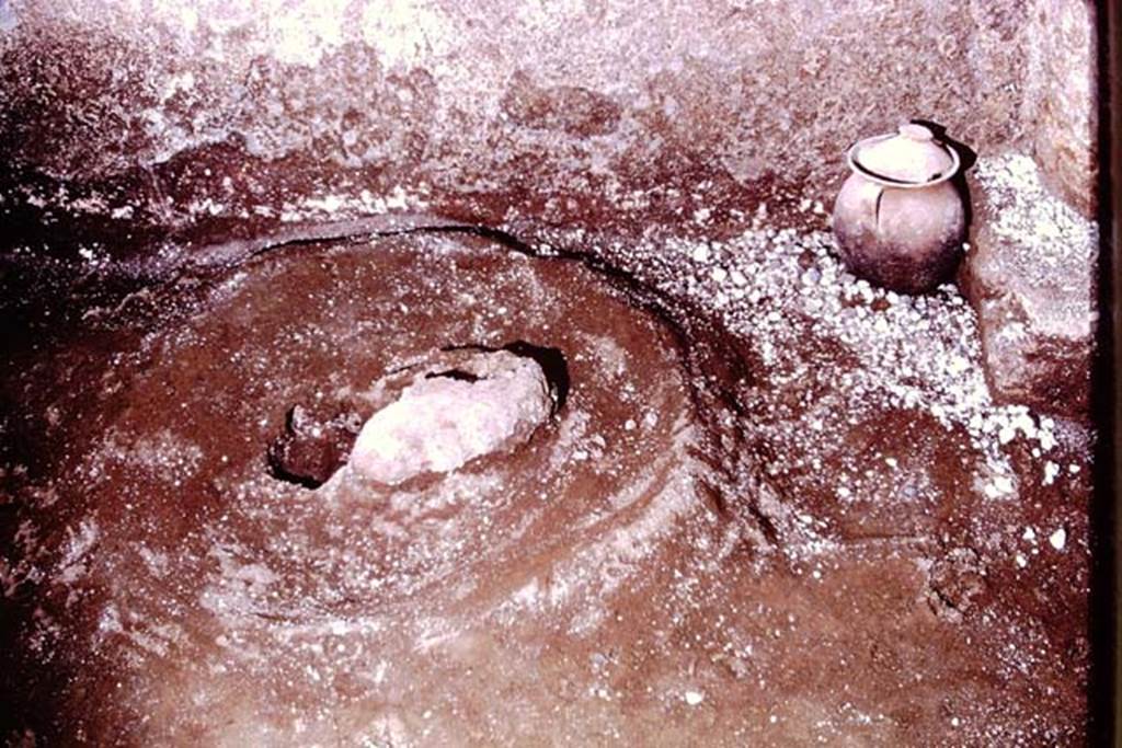 IX.13.1-3 Pompeii, 1973. �Sombrero� and pot at base of west wall. Photo by Stanley A. Jashemski. 
Source: The Wilhelmina and Stanley A. Jashemski archive in the University of Maryland Library, Special Collections (See collection page) and made available under the Creative Commons Attribution-Non Commercial License v.4. See Licence and use details. J73f0557
