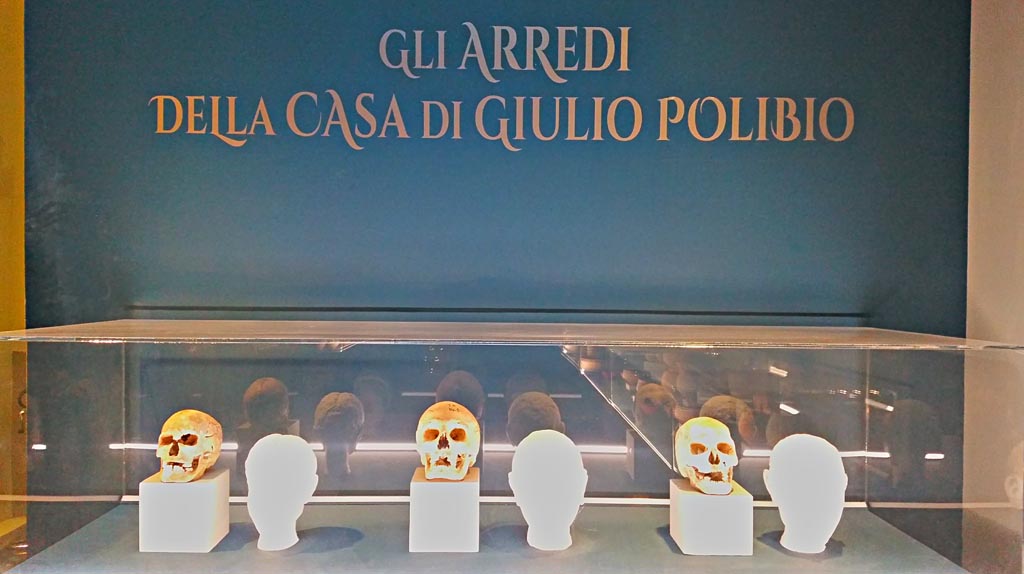 IX.13.1-3 Pompeii. December 2019. Room 10, heads of skeletons found in house, and their reconstructed faces. 
From left to right - the face of a young girl of around 20 years in the last months of pregnancy at the time of the eruption; 
that of an adult male between 25 and 35 years of age; and that of an old man of around 60 years.  
(Photographed at an exhibition “The furnishings of the House of Julius Polybius” (Gli Arredi della Casa di Giulio Polibio)). 
Photo courtesy of Giuseppe Ciaramella.

