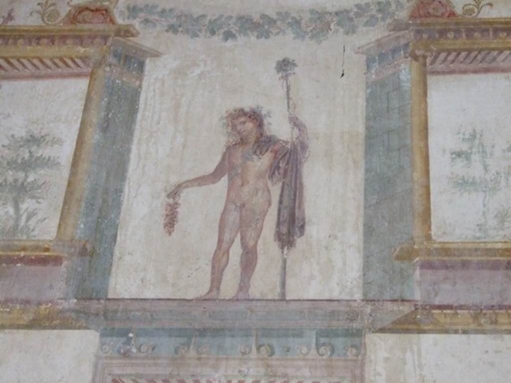 IX.13.1-3 Pompeii. March 2009. Room 11, west wall. Painted figure with staff and bunch of grapes.
Kuivalainen comments �
�An almost naked young Bacchus with several attributes, such as the grapes and a thyrsus. 
Grapes seem to be an even more favoured attribute of Bacchus than previously thought�. (Note 387 � e.g. Michel 1990, 77, presents four cases. See Kuivalainen�s Concluding  Remarks.)
See Kuivalainen, I., 2021. The Portrayal of Pompeian Bacchus. Commentationes Humanarum Litterarum 140. Helsinki: Finnish Society of Sciences and Letters, (p.98, B7).


