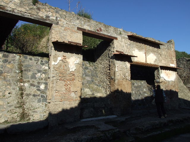 IX.13.5 Pompeii. Remains of painted plaster between IX.13.5 and IX.13.6.  When excavated it would have been a small painting surrounded by a chessboard pattern.
According to Cooley, a graffito was found on the façade near the picture of Aeneas – Fullones ululamque cano, non arma virunque    [CIL IV 9131].  She translates it as –
“I sing of fullers and an owl, not of arms and a man”  
She said that this graffito has been modified from the famous opening words of the Aeneid, well-known by and often quoted by the Pompeians.  The original was written as “arma virumque cano” (translation – I sing of arms and a man).  The owl was a symbol of fullers, because of its link with their patroness, Minerva.   The parody also puns on the fuller’s name (ululam cano).
See Cooley, A. and M.G.L., 2004. Pompeii : A Sourcebook. London : Routledge. (p.71-2)
See also Garcia y Garcia, L., 2005. Pupils, Teachers and Schools in Pompeii. Roma: Bardi editore. (p.142)
