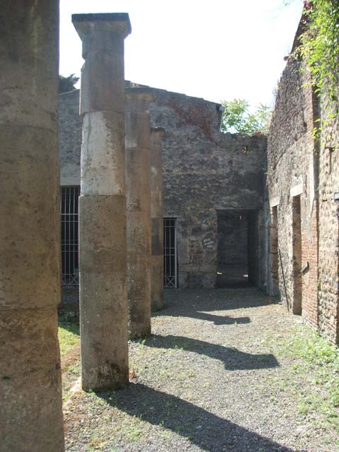 IX.14.4 Pompeii.  May 2005.  Oecus in south west corner overlooking the west side of the peristyle.  West wall.  
