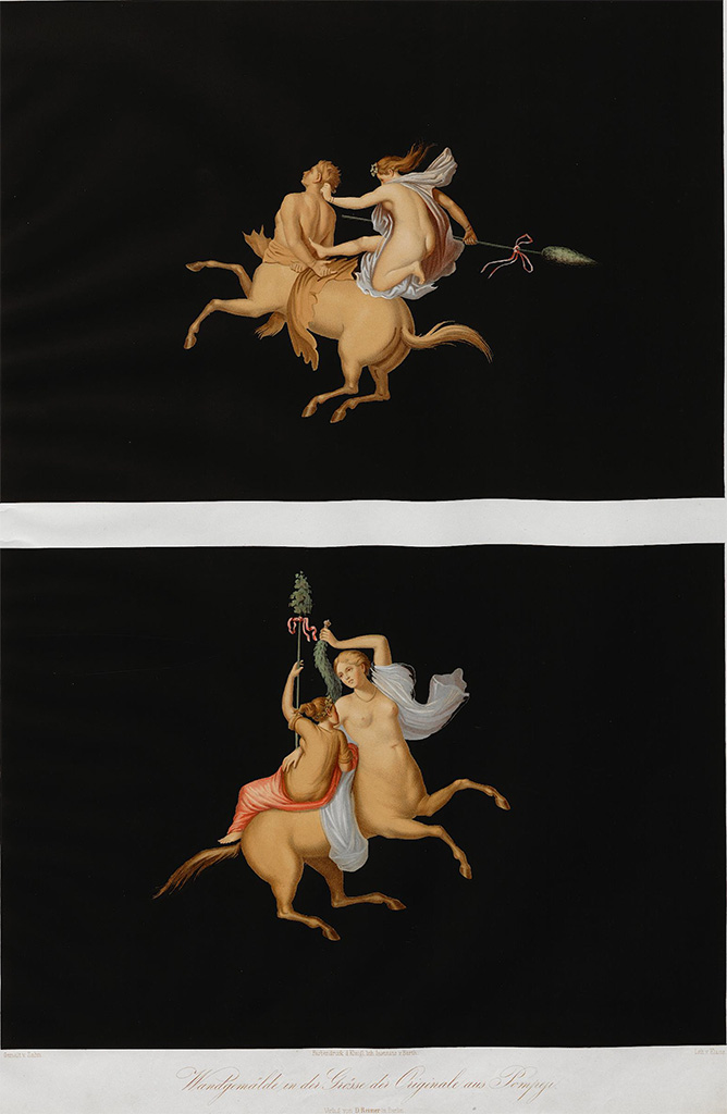 HGW06 Pompeii. Pre-November 1856.
Paintings by Zahn described as two paintings on a black background.
These are pendants to the two paintings in Pl. III.64, seen below.
See Zahn, W., 1852-59. Die schönsten Ornamente und merkwürdigsten Gemälde aus Pompeji, Herkulanum und Stabiae: III. Berlin: Reimer, taf. 74.
Now in Naples Archaeological Museum. Inventory number 9133 (part).