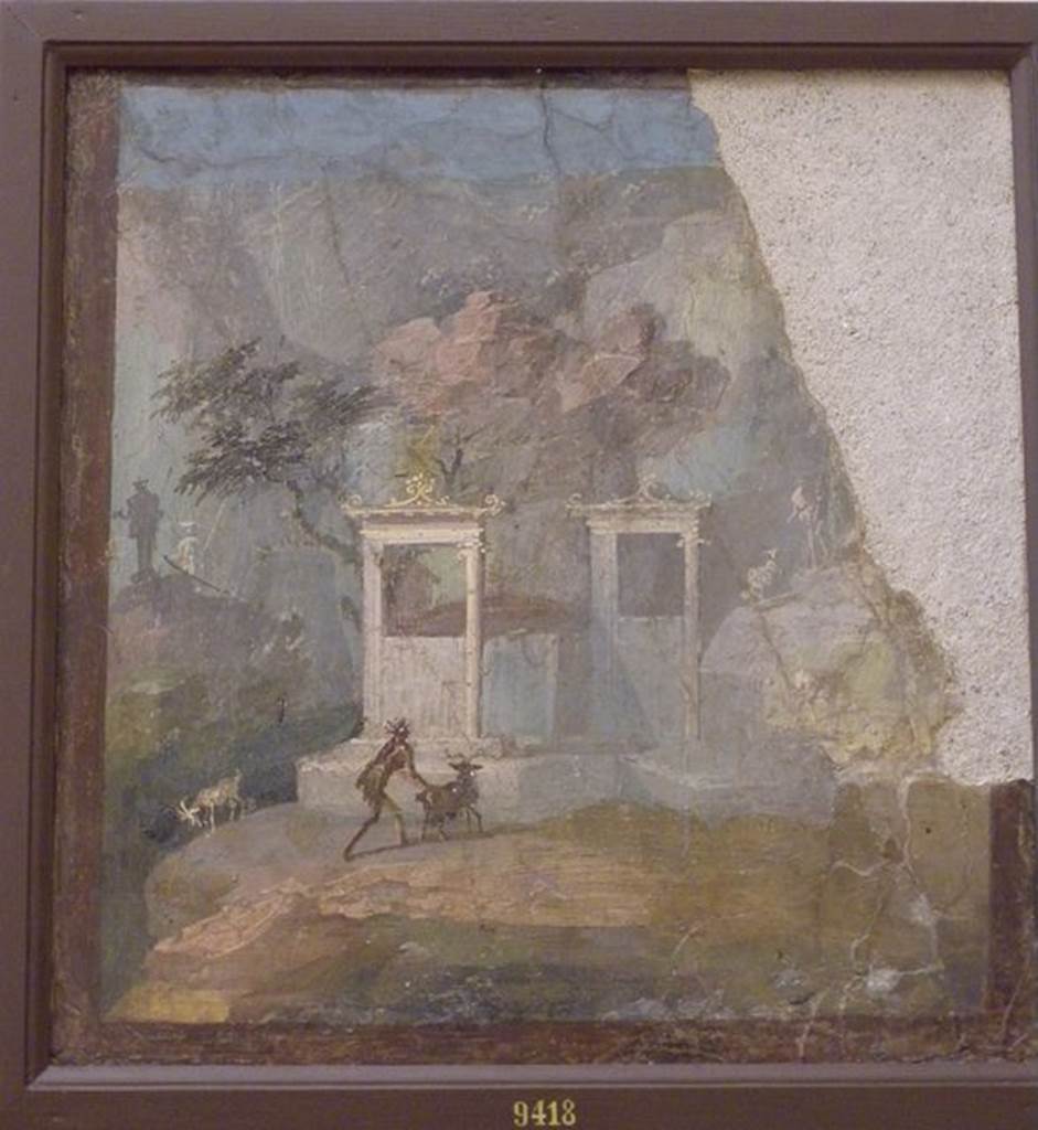 HGW06 Pompeii. Found on 21st December 1748. Wall painting of country scene with temple edifice, man and animal. The painting is usually called The Lost Ram. Now in Naples Archaeological Museum. Inventory number 9418. See Helbig, W., 1868. Wandgemälde der vom Vesuv verschütteten Städte Campaniens. Leipzig: Breitkopf und Härtel. (1564).