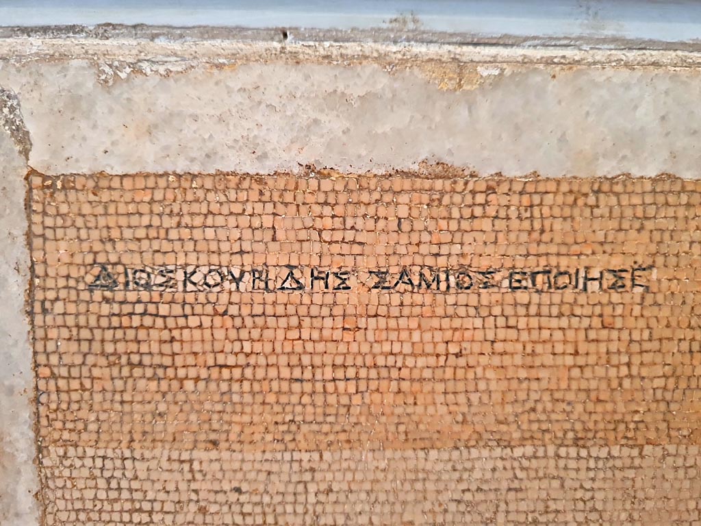 HGW06 Pompeii. Found on 8th April 1763. Ambiente 13 of Villa of Cicero.
Mosaic of a Group of Street Musicians. Detail of signature of Dioskourides of Samos.
Now in Naples Archaeological Museum. Inventory number 9985.
Photo courtesy of Giuseppe Ciaramella. September 2024.