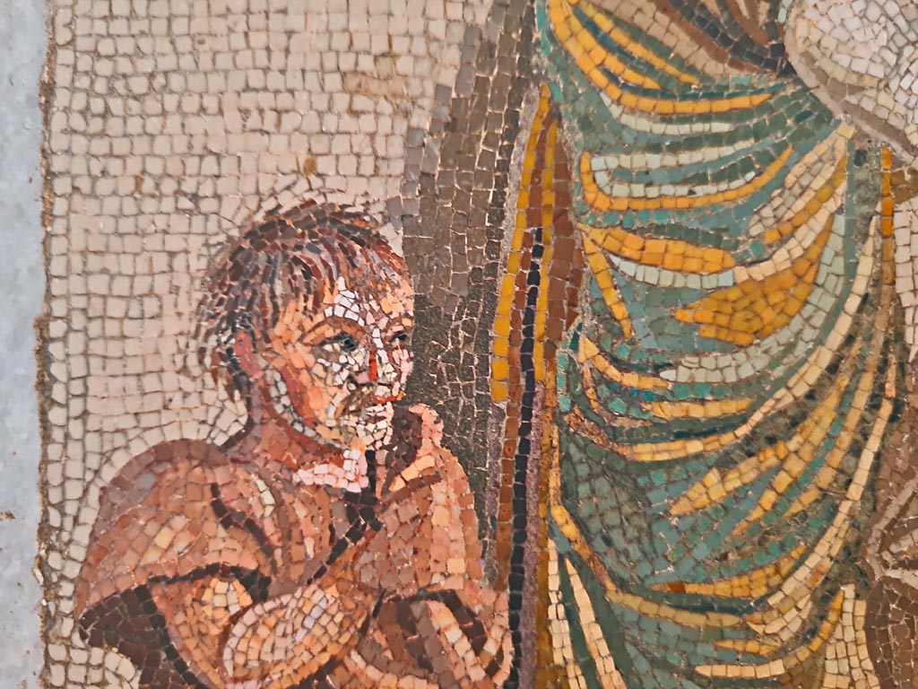 HGW06 Pompeii. Found on 8th April 1763. Ambiente 13 of Villa of Cicero.
Detail from mosaic of a Group of Street Musicians showing a boy following and watching the musicians.
Now in Naples Archaeological Museum. Inventory number 9985.
Photo courtesy of Giuseppe Ciaramella. September 2024.