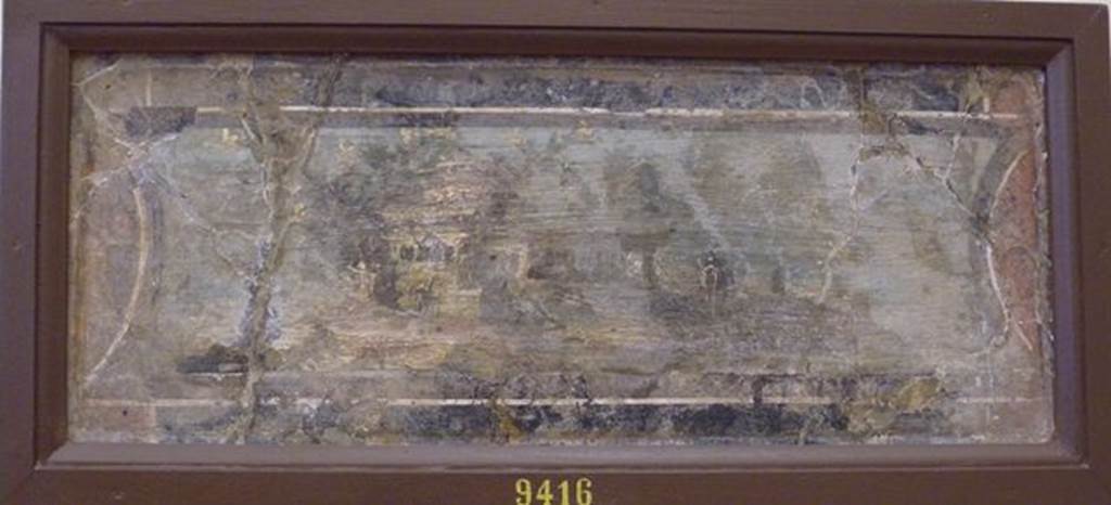 HGW06 Pompeii. Found on 28th April 1763. Ambiente 13 of Villa of Cicero. Wall painting of country scene with tower and clothed man on an island. Now in Naples Archaeological Museum. Inventory number 9416.