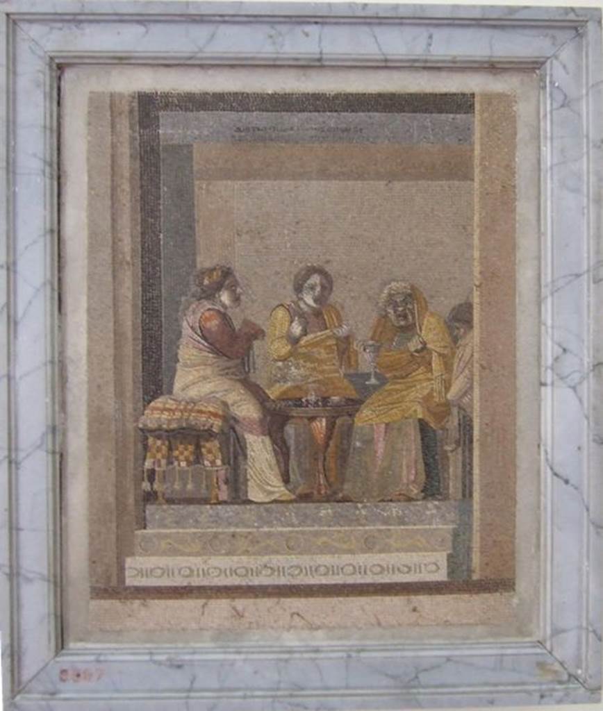 HGW06 Pompeii. Found on 8th March 1764. Ambiente 33 of Villa of Cicero. Mosaic of The Sorceress. It bears the signature of Dioskourides of Samos. Now in Naples Archaeological Museum. Inventory number 9987.