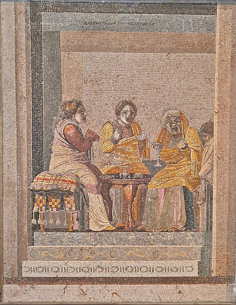 HGW06 Pompeii. Found on 8th March 1764. Ambiente 33 of Villa of Cicero.
Mosaic of the Sorceress, Consultation with a witch. It bears the signature of Dioskourides of Samos.
Now in Naples Archaeological Museum. Inventory number 9987.
Photo courtesy of Giuseppe Ciaramella. September 2024