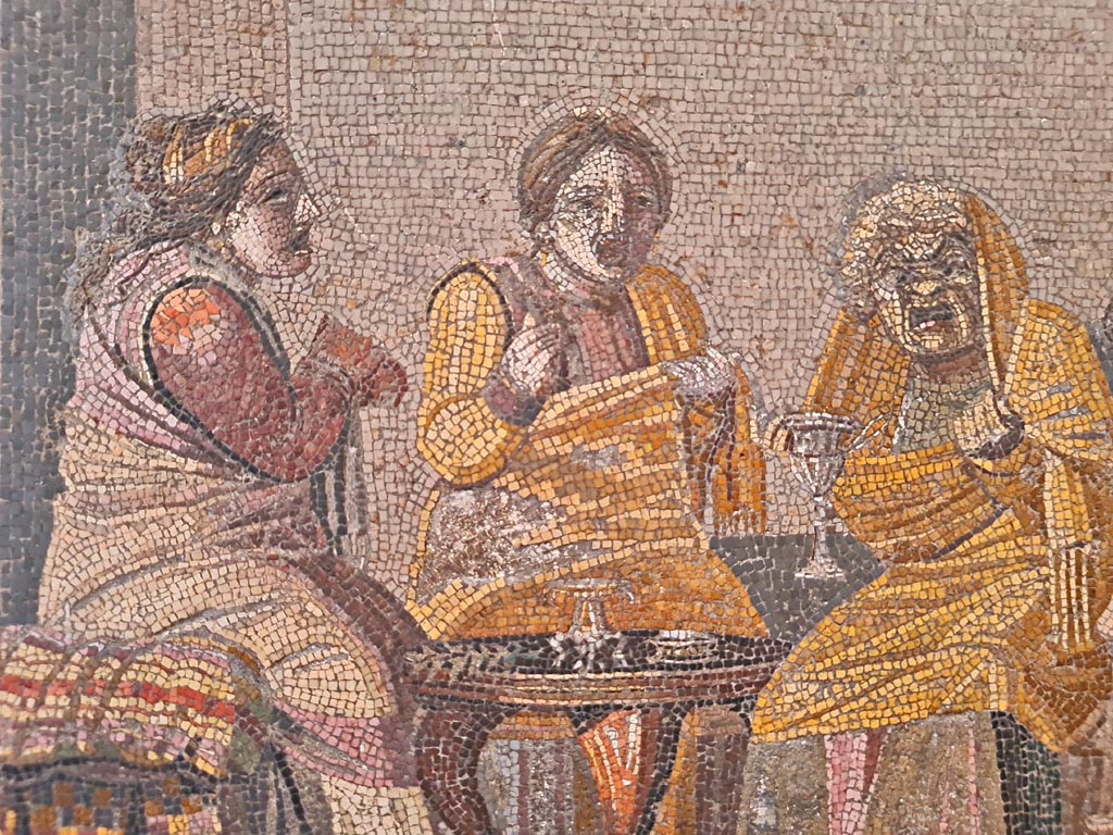 HGW06 Pompeii. Found on 8th March 1764. Ambiente 33 of Villa of Cicero.
Detail from the mosaic of the Sorceress, or Consultation with a witch. Now in Naples Archaeological Museum. Inventory number 9987.
Photo courtesy of Giuseppe Ciaramella. September 2024.