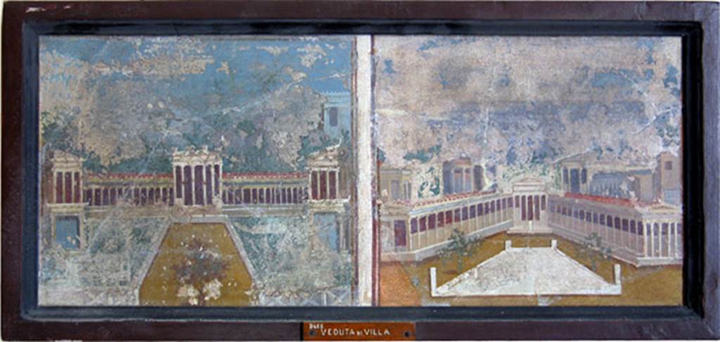 HGW06 Pompeii. Found on 2nd June 1770. Ambiente 40 of Villa of Cicero. Wall painting made up from two pictures of views of gardens with porticos. Now in Naples Archaeological Museum. Inventory number 9406.
