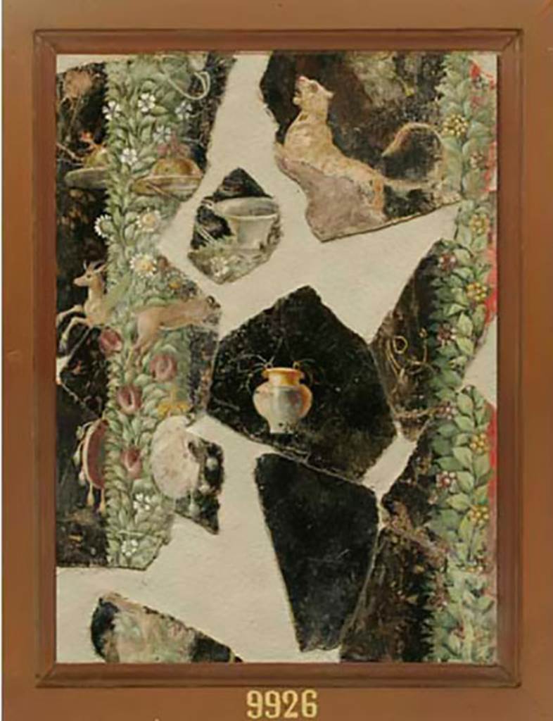 HGW06 Pompeii. Villa of Cicero, or Insula Occidentalis ??. Pastiche of picture fragments.
Now in Naples Archaeological Museum. Inventory number 9926.
See Ciardello R., La ricostruzione delle decorazioni dalla Villa di Cicerone a Pompei in AMOENITAS II, 2012, Roma, p. 143, fig. 12.