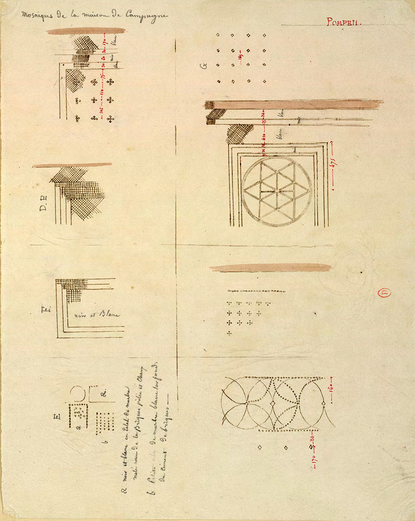 HGW24 Pompeii. May 1823. Sketches by Chenavard, described as Mosaïques de la maison de Campagne, Pompeii.
According to the Villa Diomedes Project, the mosaic on the top right is from a room on south side of upper peristyle.
(Villa Diomedes Project – area 14.)
(Fontaine, room 2,13).
Annotations par Chenavard : "a : noir et blanc en éclat de marbre mêlé avec de la brique pilée et chaux; b : petits cubes de marbre blanc sur fond de ciment et briques".
Relevé reproduit et annoté de pavements en mosaïque de la Villa di Diomède.
See Chenavard, Antoine-Marie (1787-1883) et al. Voyage d'Italie, croquis Tome 3, pl. 100.
INHA identifiant numérique : NUM MS 703 (3). See Book on INHA
Document placé sous « Licence Ouverte / Open Licence » Etalab
And see Villa Diomedes Project, Image database, http://villadiomede.huma-num.fr/bdd/images/20129