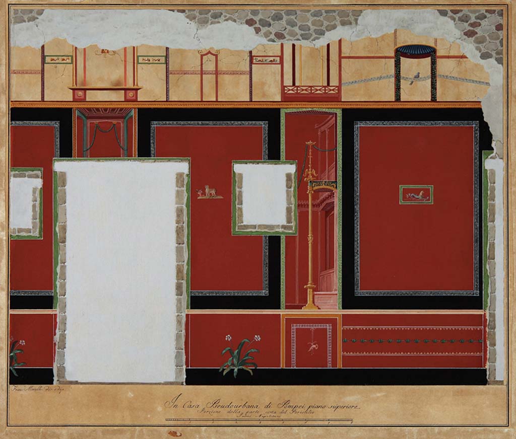 HGW24 Pompeii. Short (south) wall of peristyle on upper floor, with doorway and window to antechamber. Drawing by Francesco Morelli, ADS 1129.
(Villa Diomedes Project – area 2, wall of south portico, with doorway and windows to area 16.)
(Fontaine, room 2,10).
Photo © ICCD. http://www.catalogo.beniculturali.it
Utilizzabili alle condizioni della licenza Attribuzione - Non commerciale - Condividi allo stesso modo 2.5 Italia (CC BY-NC-SA 2.5 IT)