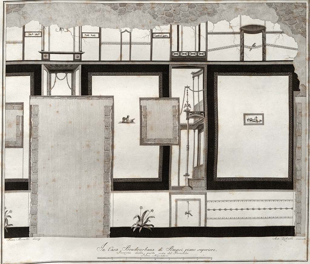 HGW24 Pompeii. Drawing by Francesco Morelli. Engraved by Zaballi.
Portion of a short wall in the peristyle of the upper floor, with doorway and window into antechamber.
Note the horn and the animal between the door and window face the opposite direction from the painting ADS 1129 above.
See Gli Ornati delle Pareti ed I Pavimenti delle Stanze dell’Antica Pompei, 1838, (No.31)
(Villa Diomedes Project – area 2, wall of south portico, with doorway and windows to area 16.)
(Fontaine, room 2,10).