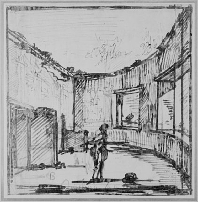 HGW24 Pompeii.
Sketch by Giovanni Battista Piranesi, showing main semi-circular bedroom, described as “Study of a Ruined Building”.
The semi-circular room with an apse with three windows built out into a garden, one window facing west, south and east.
(Fontaine, room 2,12).
Photo © Ashmolean Museum, University of Oxford. Accession Number WA1942.92.
Brush and pen in black ink over black chalk on white paper.
