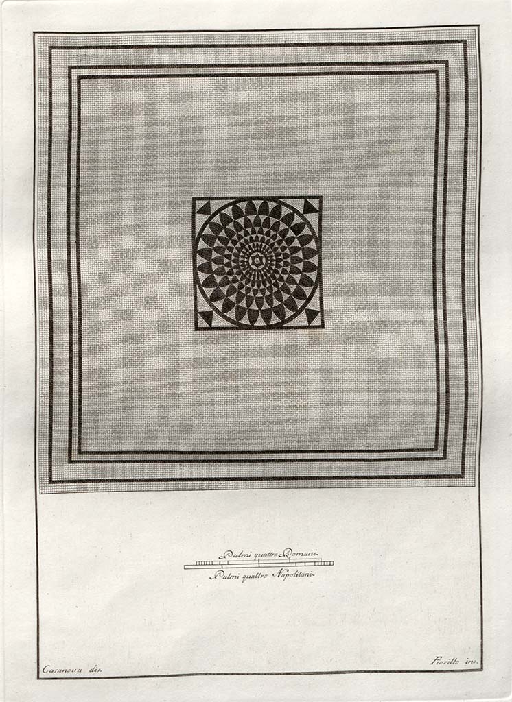 HGW24 Pompeii. Pre-1796. Drawing by Casanova of mosaic said to be from the Villa of Diomedes.
According to Villa Diomedes Project, this mosaic may be from the room on the upper floor with three windows – area 17 but could also be of uncertain provenance.
(Villa Diomedes Project – area 17)
(Fontaine, room 2,12).
See Gli ornati delle pareti ed i pavimenti delle stanze dell'antica Pompei incisi in rame: 1838, and in Gli ornati, 1796, pt.1.