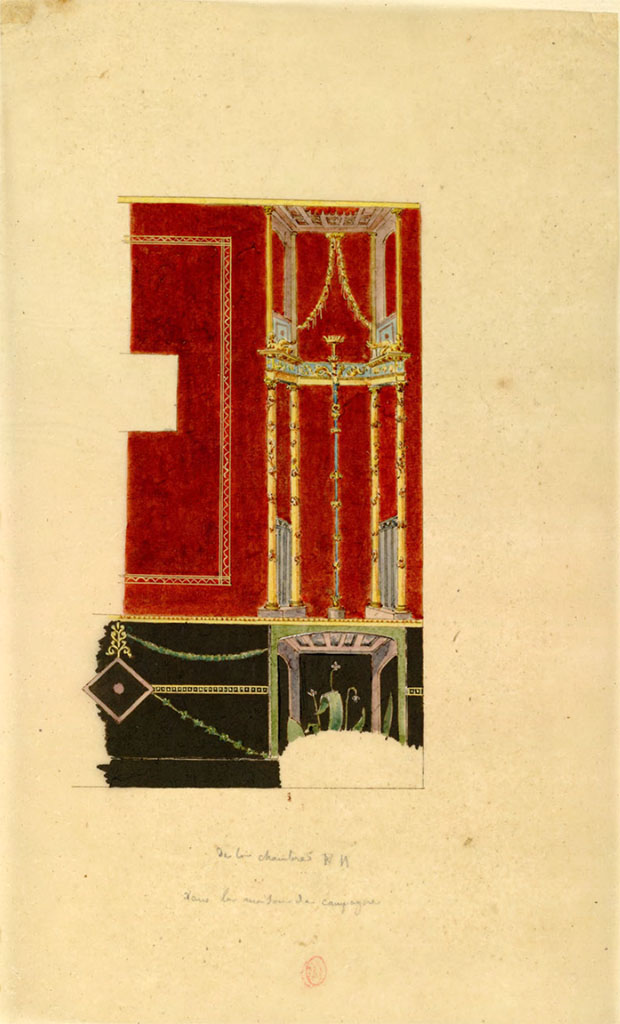 HGW24 Pompeii. Mai 1823? Watercolour sketch by Chenavard of part of painted wall decoration in antechamber.
See Chenavard, Antoine-Marie (1787-1883) et al. Voyage d'Italie, croquis Tome 3, pl. 111.
INHA Identifiant numérique : NUM MS 703 (3). See Book on INHA
Document placé sous « Licence Ouverte / Open Licence » Etalab
(Fontaine, room 2,10).