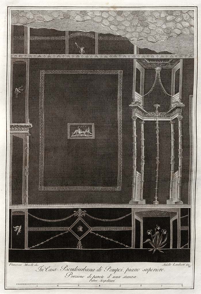 HGW24 Pompeii. Pre- 1838. Portion of the south wall of a room on the upper floor.
Drawing by Francesco Morelli, engraved by Aniello Lamberti.
See Gli Ornati delle Pareti ed I Pavimenti delle Stanze dell’Antica Pompei, 1838, (No. 33).
(Villa Diomedes Project – area 16.)
(Fontaine 2.10).