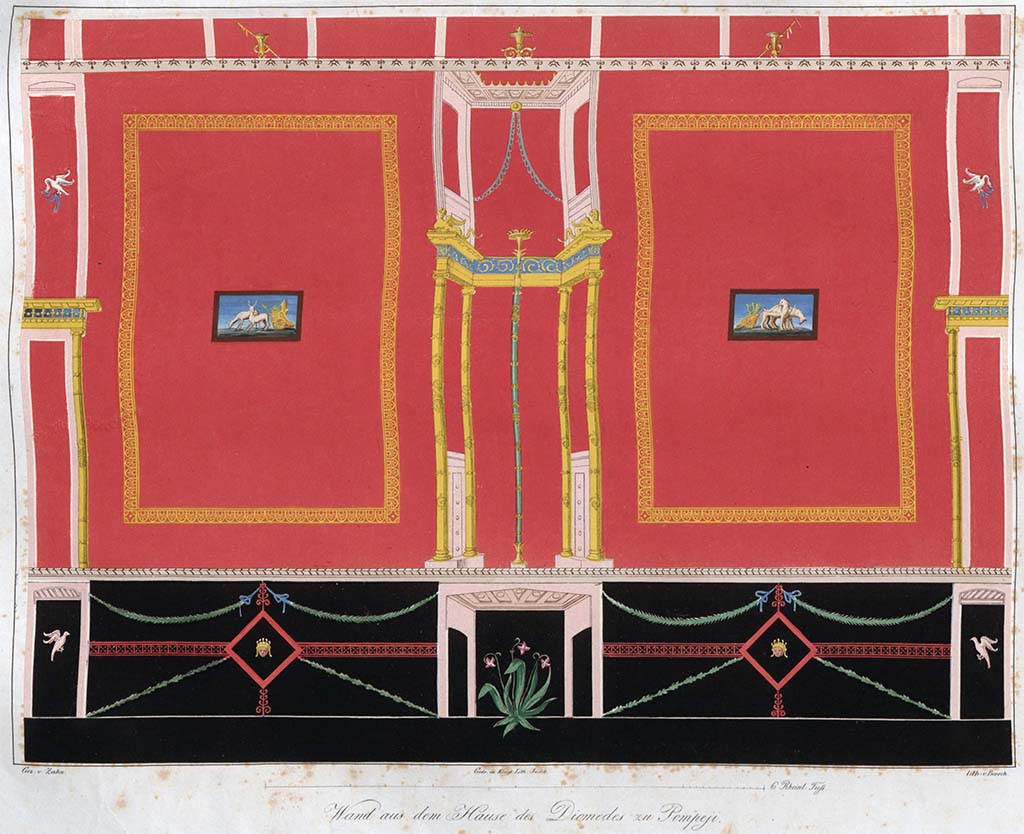 HGW24 Pompeii. Pastiche of the wall decoration in the room with the central vignettes, from the south and east walls.
See Zahn, W., 1828. Die schönsten Ornamente und merkwürdigsten Gemälde aus Pompeji, Herkulanum und Stabiae: I. Berlin: Reimer, pl. 39.
(Villa Diomedes Project – area 16.)
(Fontaine, room 2,10).