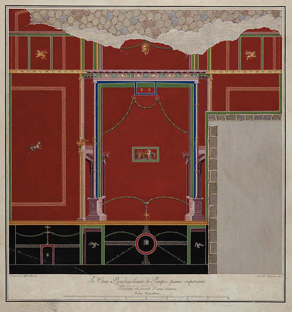 HGW24 Pompeii. East wall of antechamber on upper floor, with doorway to small room.
Painting by Francesco Morelli. Engraved by Aniello Cateneo.
Now in Naples Archaeological Museum. Inventory number ADS 1141.
Photo © ICCD. http://www.catalogo.beniculturali.it
Utilizzabili alle condizioni della licenza Attribuzione - Non commerciale - Condividi allo stesso modo 2.5 Italia (CC BY-NC-SA 2.5 IT)
(Villa Diomedes Project – area 16.)
(Fontaine 2.10).