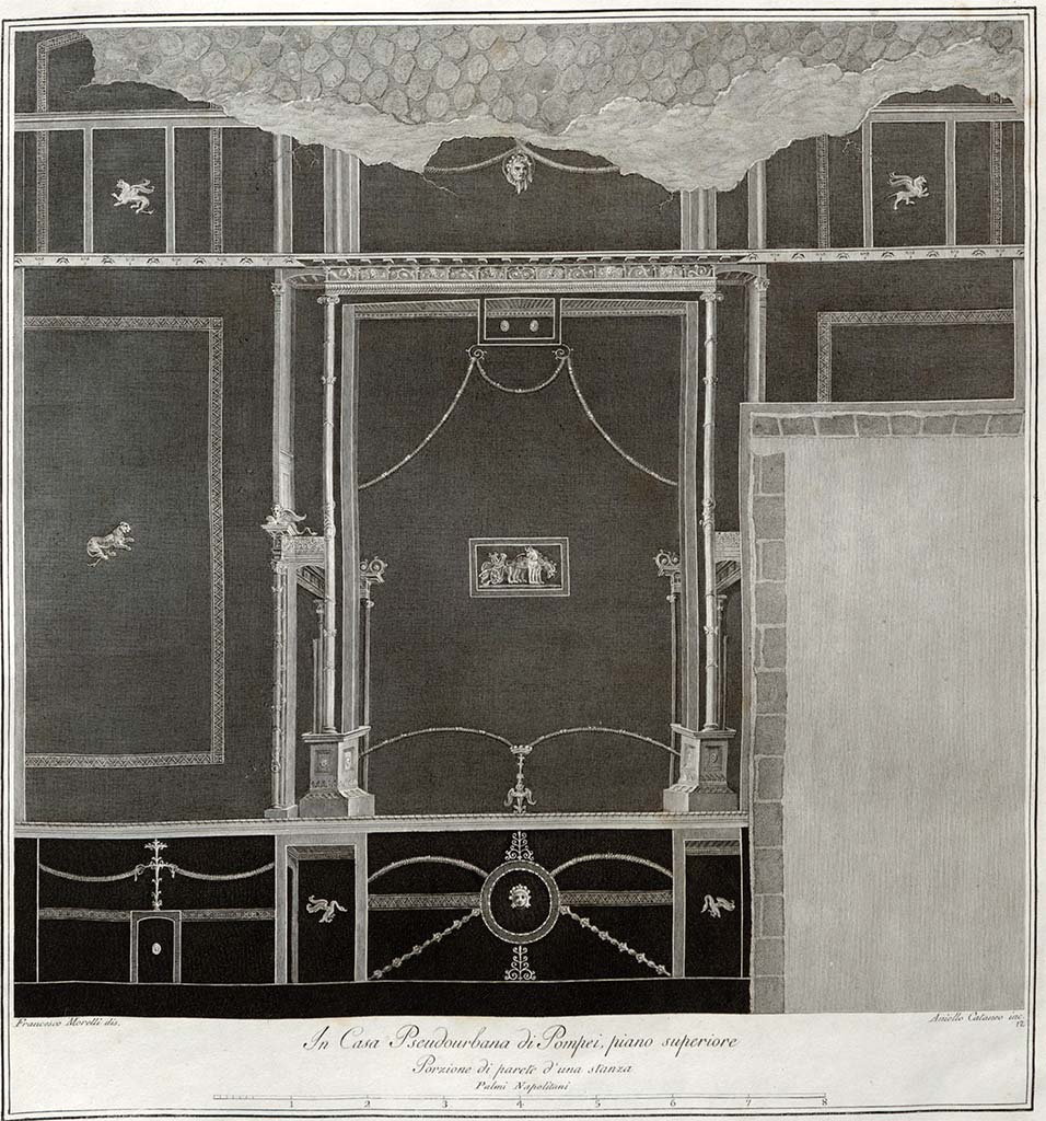 HGW24 Pompeii. East wall with panel showing chariot with the symbols of Apollo (Cithar and tripod) and drawn by griffins.
See Gli Ornati delle Pareti ed I Pavimenti delle Stanze dell’Antica Pompei, 1838, (No.12)
(Villa Diomedes Project – area 16.)
(Fontaine 2.10).