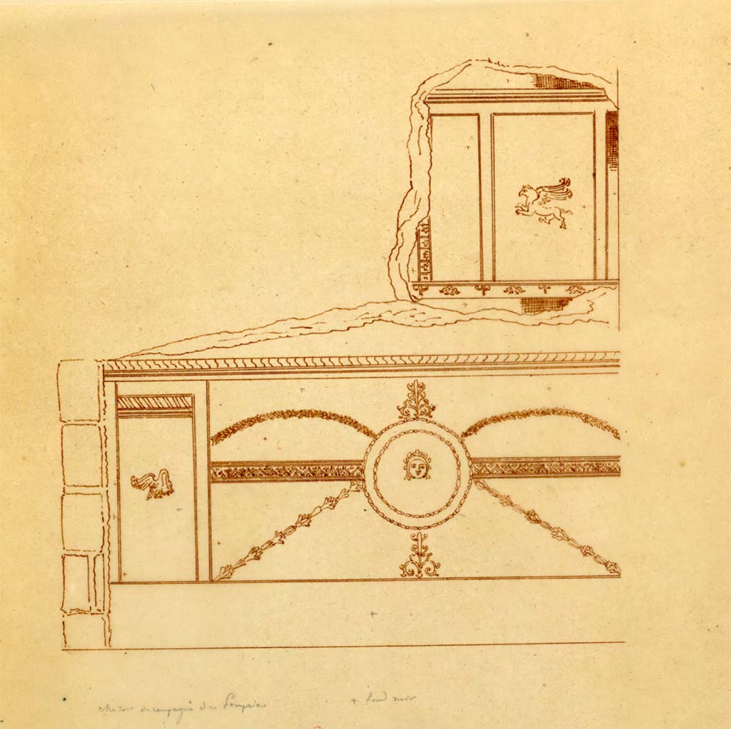 HGW24 Pompeii. Mai 1823? Sketch by Chenavard of details of zoccolo/dado with a black background, and upper area of wall in antechamber.
See Chenavard, Antoine-Marie (1787-1883) et al. Voyage d'Italie, croquis Tome 3, pl. 114.
INHA Identifiant numérique : NUM MS 703 (3). See Book on INHA
Document placé sous « Licence Ouverte / Open Licence » Etalab
(Fontaine’s room 2,10.)