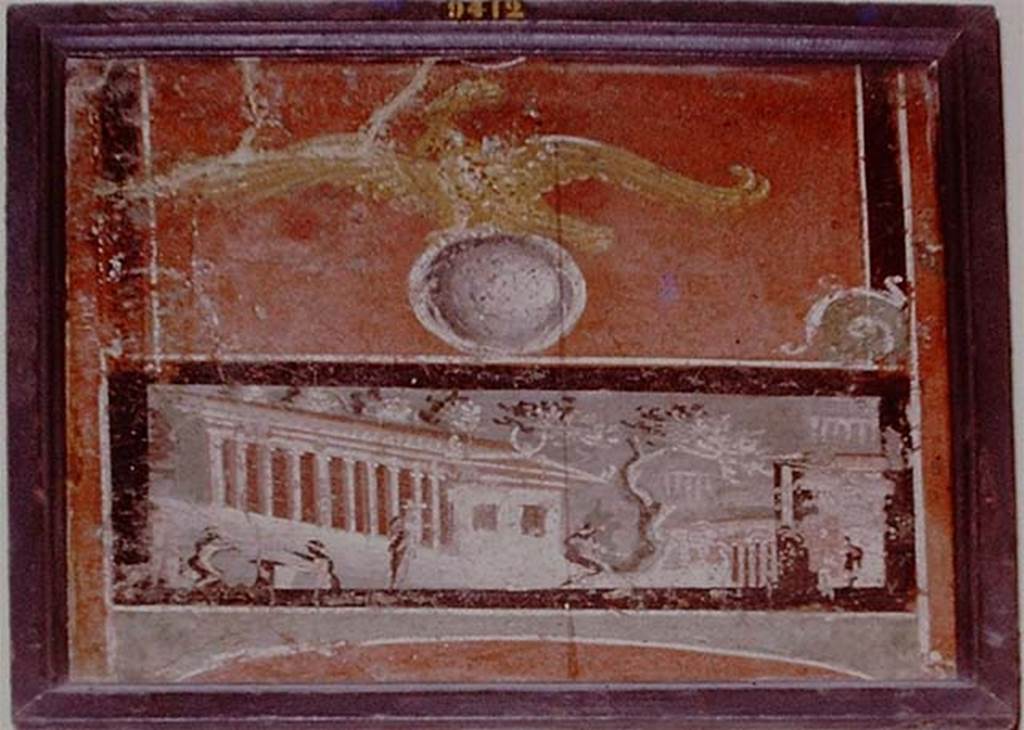 HGW24 Pompeii. 1975. Architectural landscape view with villas, surmounted by an eagle on a globe.
Now in Naples Archaeological Museum. Inventory number 9412. Photo by Stanley A. Jashemski.
Source: The Wilhelmina and Stanley A. Jashemski archive in the University of Maryland Library, Special Collections (See collection page) and made available under the Creative Commons Attribution-Non-Commercial License v.4. See Licence and use details.
Detail from J75f0552
According to Pagano and Prisciandaro, this was found (21st September 1771, PAH, 1,1,260, Addendum 157, with note 334) in room numbered 22 on the plan by La Vega (Fontaine’s room 2,10) but does not seem visible on the drawings/paintings above, perhaps it is from number 23 (Fontaine, room 2,12, which we have not photographed).
(Note 334 for Addendum 157 reads: N.22 Pianta di La Vega. Pitture. Carro di Diana. Carro di Apollo. Figura. Veduta. Canestro con frutta. Pesci. Fregi con grifi e lire.)
See Pagano, M. and Prisciandaro, R., 2006. Studio sulle provenienze degli oggetti rinvenuti negli scavi borbonici del regno di Napoli. Naples: Nicola Longobardi,(p.71).
(Villa Diomedes Project – area 16)
(Fontaine’s room 2,10)