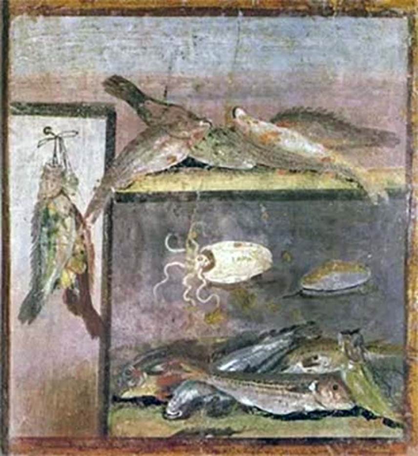 HGW24 Pompeii. 1975. Still life with fishes. Now in Naples Archaeological Museum. Inventory number 8635.
Found 21st September 1771,
(Fontaine’s room 2,10 or 2,12, see note regarding paintings on the Architectural landscape with view of villas, above).