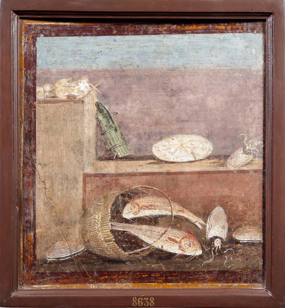 HGW24 Pompeii. Still life with fishes. Found 21st September 1771.
Now in Naples Archaeological Museum. Inventory number 8638.
See Le antichità di Ercolano esposte Tomo 7, Le Pitture Antiche di Ercolano 5, 1779, Picture 62, p.275-277.
(Villa Diomedes Project – area 16 or 17.)
(Fontaine’s room 2,10 or 2,12, see note regarding photograph above).